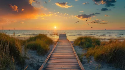 Cercles muraux Descente vers la plage a wooden boardwalk leading to the sea at sunset, offering a mesmerizing panoramic view of dunes, grassland landscape, and seagulls soaring against a stunning sky.