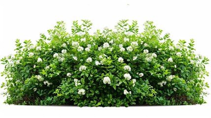 Lush green bushes with small white flowers isolated on white background, cut out - obrazy, fototapety, plakaty
