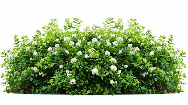 Lush green bushes with small white flowers isolated on white background, cut out