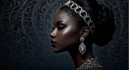 Profile of a young woman in gothic style. Luxurious jewelry, dark colors