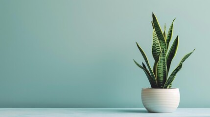 Lush green snake plant in modern white ceramic pot, isolated on bright background, houseplant