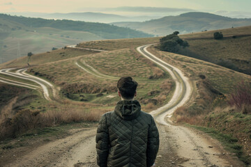 Decision anxiety concept, a man fear to making decision at a crossroads. - obrazy, fototapety, plakaty
