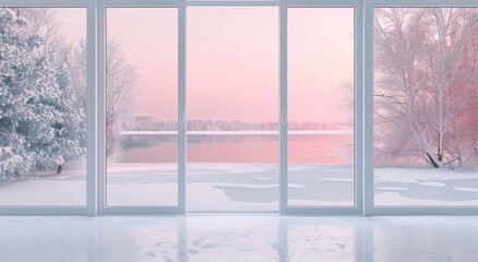 A beautiful winter landscape outside the window, a lake with ice and snow covered trees. The sky is pink