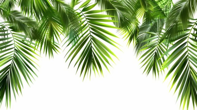 Lush green palm tree leaves creating a fresh, tropical border isolated on white background, digital illustration
