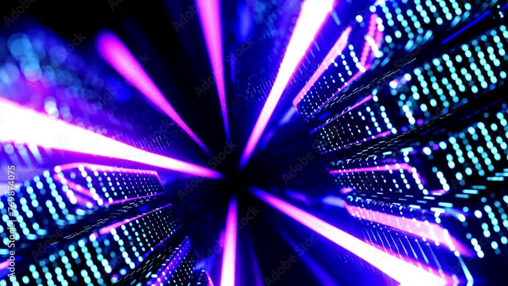 Poster flight through hi-tech technology tunnel with camera shake. neon light, sci-fi constructions, myster