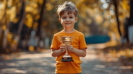 Schoolboy holding a trophy against the background of a city park.