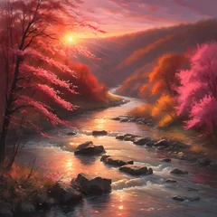 Fotobehang sunset over the river © pla2u