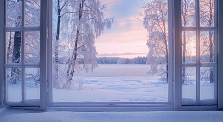 A beautiful winter landscape outside the window, see through sliding doors