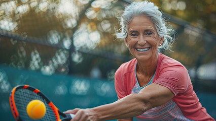 Senior woman playing tennis on tennis court.