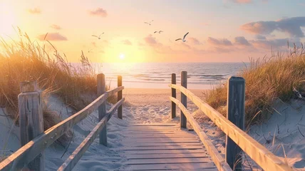 Photo sur Plexiglas Descente vers la plage a wooden boardwalk leading to the sea at sunset, offering a mesmerizing panoramic view of dunes, grassland landscape, and seagulls soaring against a stunning sky.