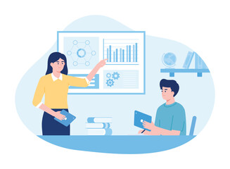 Male and female company financial analysis working together concept flat illustration