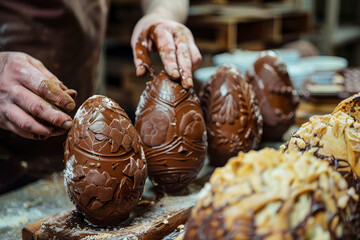 A chocolatier crafts intricate designs on chocolate Easter eggs in a workshop, showcasing the art of chocolate decoration.