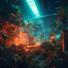 Indoor Jungle with neon colors such as fluorescence.