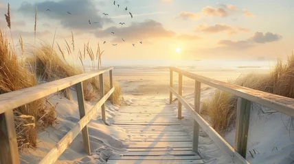 Papier Peint photo Descente vers la plage a wooden boardwalk leading to the sea at sunset, offering a mesmerizing panoramic view of dunes, grassland landscape, and seagulls soaring against a stunning sky.