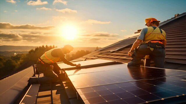 Builders installing solar panel system on roof of house. Men workers in helmets carrying photovoltaic solar module outdoors. Concept of alternative and renewable energy.