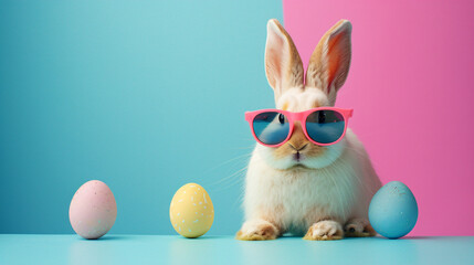 Easter bunny wearing sunglasses posing with Easter eggs on colourful pastel colors background.