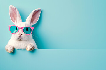 Fototapeta premium Cute white Easter bunny rabbit peeping and show its face from blue background