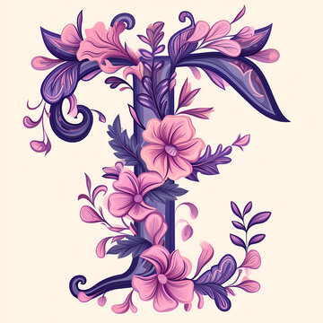 Spring and summer letter T with purple flowers. Flower font illustration