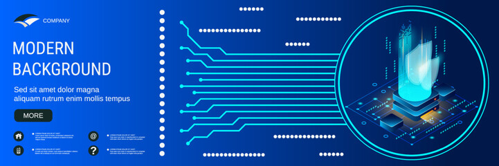 Digital technology banner vector design template. Information security, data protection flat 3d isometric concept