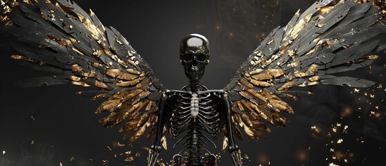 A black skeleton angel with gold leaf wings on a black background - obrazy, fototapety, plakaty
