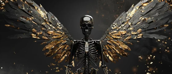 Fotobehang A black skeleton angel with gold leaf wings on a black background © BOMB8