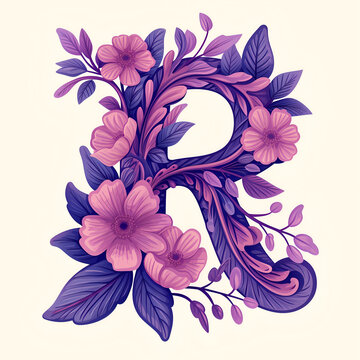 Spring and summer letter R with purple flowers. Flower font illustration