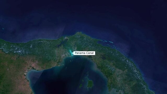Satellite night view of Panama Canal showing shipping route connecting Atlantic and Pacific oceans