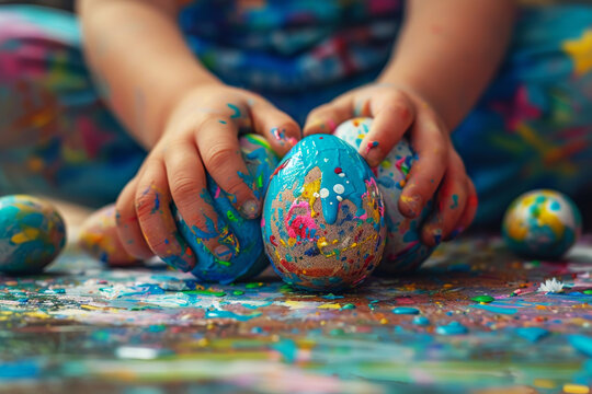 A child's hands covered in vibrant paint while decorating an Easter egg, with specks of colors scattered all around.