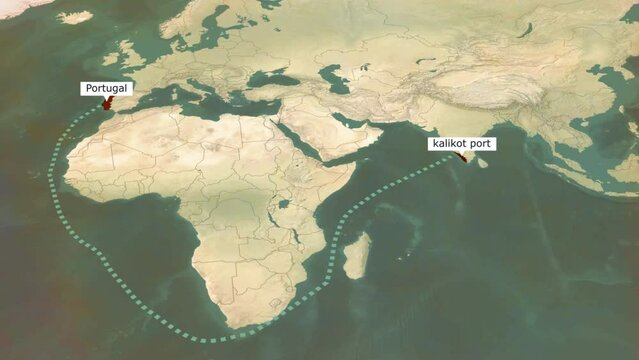 Portugal to Calicut Port India map animation, shipping route, world map travel
