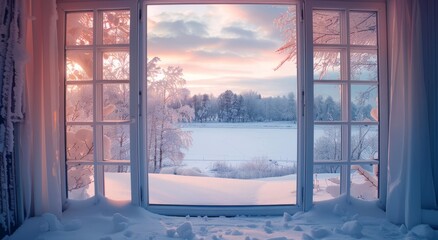 A beautiful winter landscape outside the window, see through sliding doors