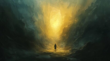Man trusting in God while walking through dark valley toward heavenly light, Christian faith concept illustration, Digital painting