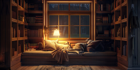 Obraz na płótnie Canvas an image of a cozy reading nook with soft lighting, comfortable seating, and shelves filled with books realistic stock photography