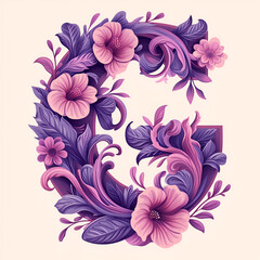 Spring and summer letter G with purple flowers. Flower font illustration