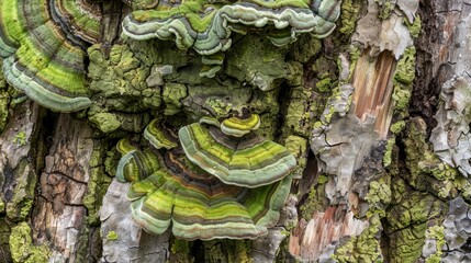  Green algae and fungi living on tree bark macro lens - obrazy, fototapety, plakaty