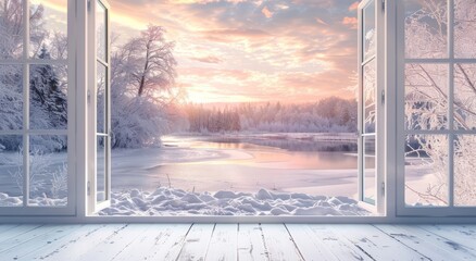 A beautiful winter landscape outside the window, with snow covered trees and a frozen lake under soft pink sunset sky