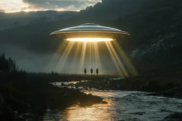 Deurstickers a flying saucer hovering over the river, with light beams shining down on three people walking in front of it, dark valley background © BOMB8