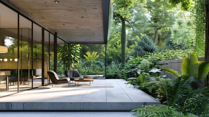 Modern Sunroom with Glass Walls Extending into Garden, Concrete Patio Surrounded by Lush Greenery, 3D Render