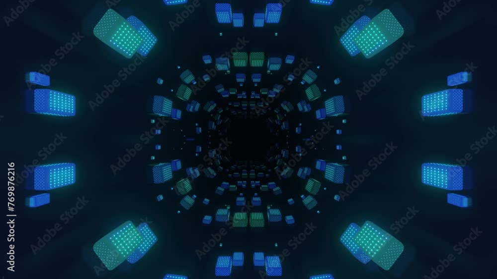 Poster 4k seamless looped animation. fly through mirror symmetrical tunnel with neon pattern, sci fi glow p