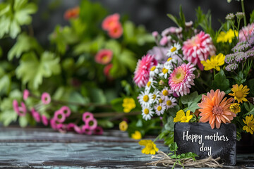 arrangement of spring flowers with "Happy mothers day" card, celebration holiday flower