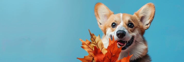 A banner with a cute corgi and a wreath of beautiful autumn leaves. With space to copy text