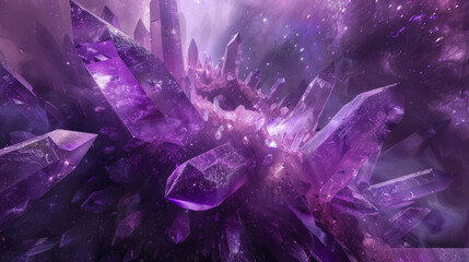An artistic rendition of vibrant purple crystals in a clustery formation with a mystic and magical ambiance