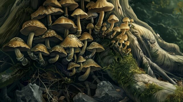 mycorrhiza illustration - close up of tree roots with mushrooms growing, digital painting