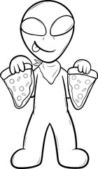 cartoon alien holding two slices of pizza