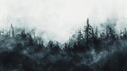 mysterious silhouette of dark foggy forest against stark white sky, surreal landscape painting - obrazy, fototapety, plakaty