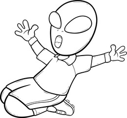 alien cartoon in a white shirt and shorts is falling to the ground