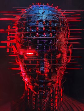 A hologram of the face and head from Hellraiser, made up entirely with numbers in the cyberpunk style, with neon red light glowing 