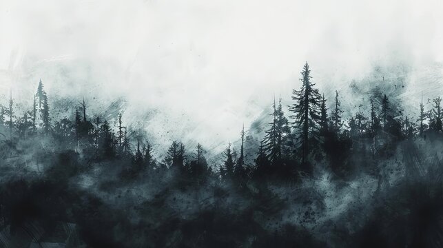 mysterious silhouette of dark foggy forest against stark white sky, surreal landscape painting