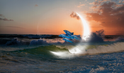 Dusk sky with Crescent moon in the sea wave - Group of dolphins jumping on the water - Beautiful seascape and sunset sky