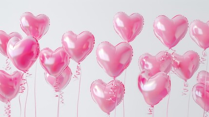 Pink heart-shaped balloons floating against a white background, love and romance concept