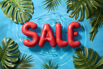 Overhead view of a swimming pool with the word sale spelled from inflatable pool floats